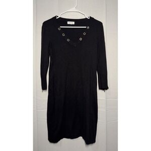 Calvin Klein Women Black V Neck Long‎ Sleeve Knit Dress Gold Eyelet Detail